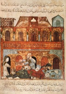 Comida en un caravasar en Wasit: Abou Zayd ha puesto a dormir a sus invitados y toma sus bienes, de Al Maqamat por Al Hariri, c.1240 de Yahya ibn Mahmud Al Wasiti